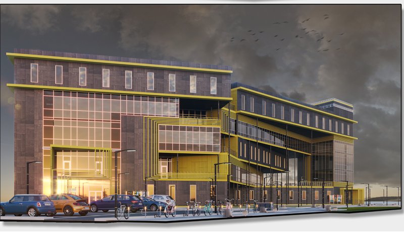 Street-level rendering of the glass and yellow-framed facade with pedestrians and parked cars at twilight