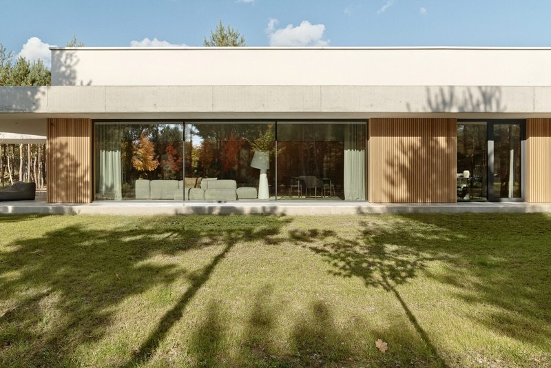 Garden facade with vertical timber cladding and floor-to-ceiling glazing casting tree shadows on the lawn