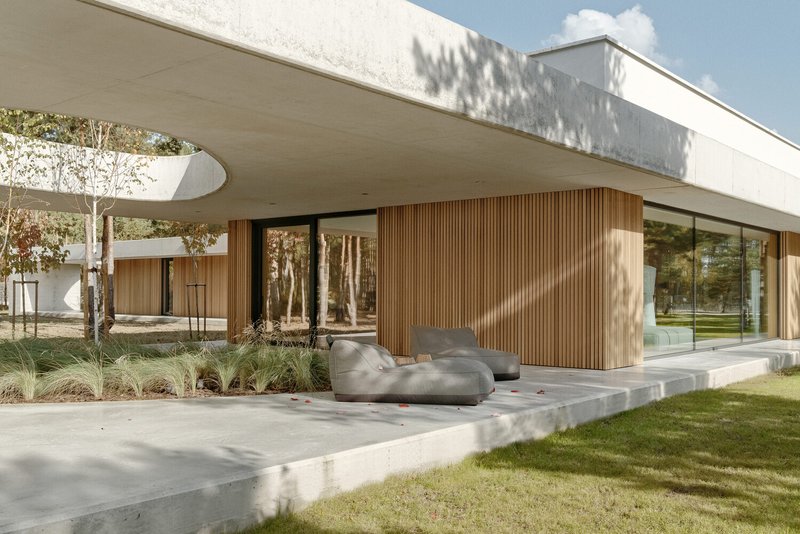 Covered terrace with vertical timber cladding and concrete platform beneath a hovering white roof on a clear day