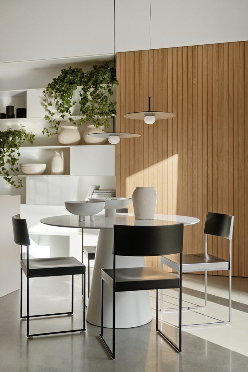 Dining area with vertical timber wall, white shelving with potted greenery, and suspended pendant light