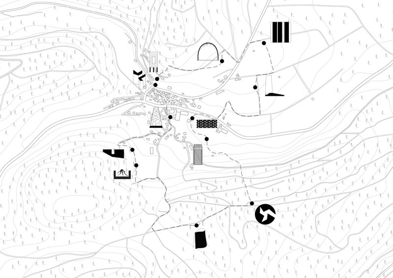 Site plan drawing showing scattered buildings and landscape features connected by pathways and topographic contours