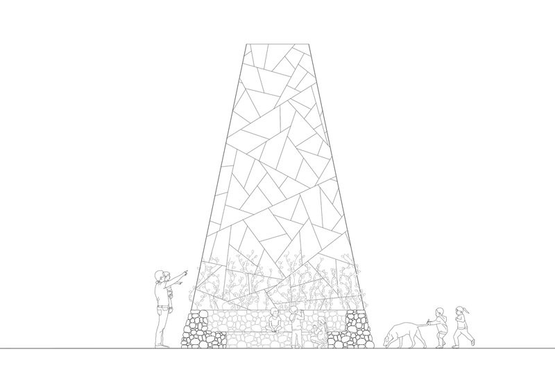 Elevation drawing of a tapering steel tower with stone base and figures with dog at ground level