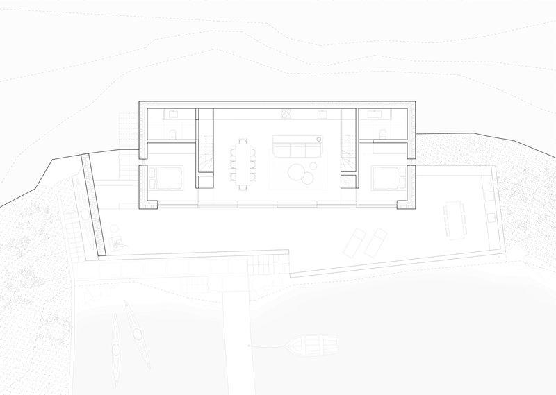 Floor plan drawing showing linear arrangement of rooms with central dining and living space