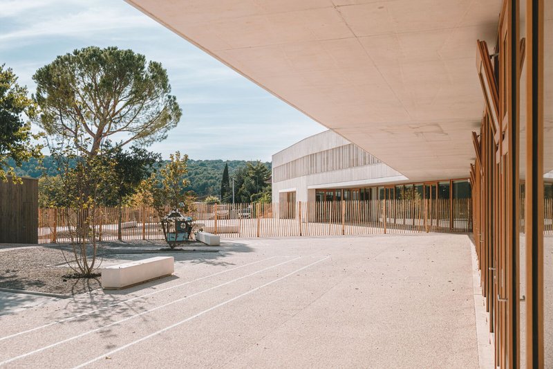 Covered walkway overlooking the courtyard with timber screens and a young pine tree