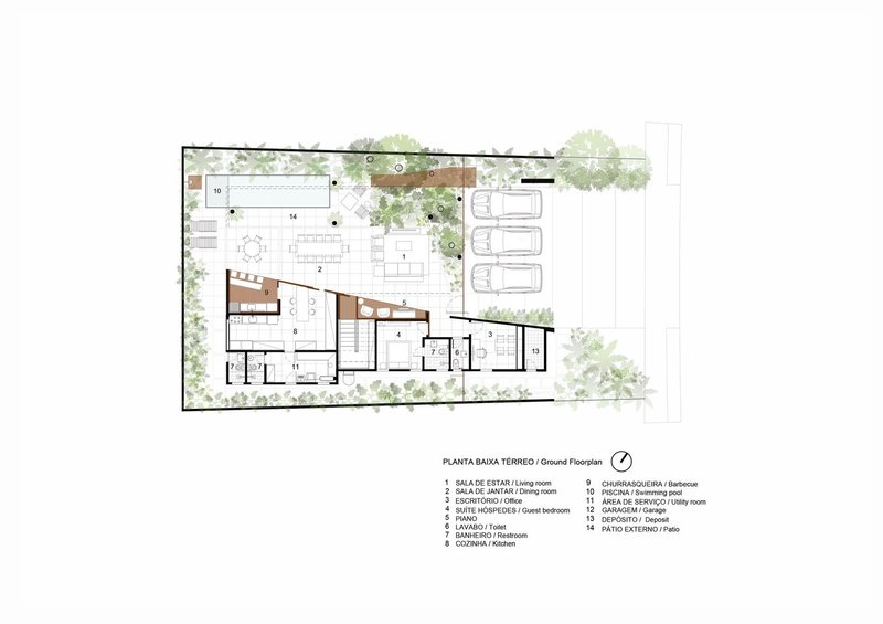 Ground floor plan drawing indicating rooms and carport with adjacent landscaped areas