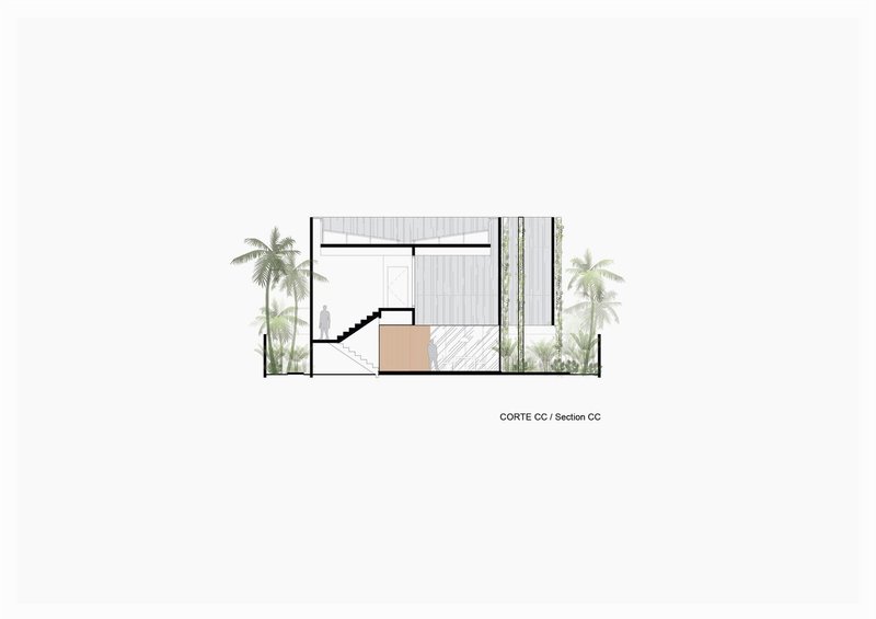 Building section drawing displaying internal staircase and split-level spaces between palm-planted courtyards