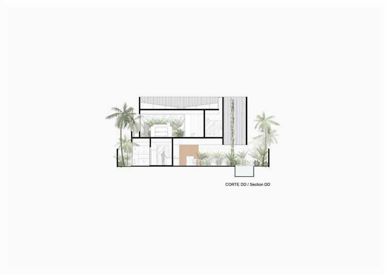 Building section drawing showing terraced interior volumes with planted courtyard and perimeter palm trees