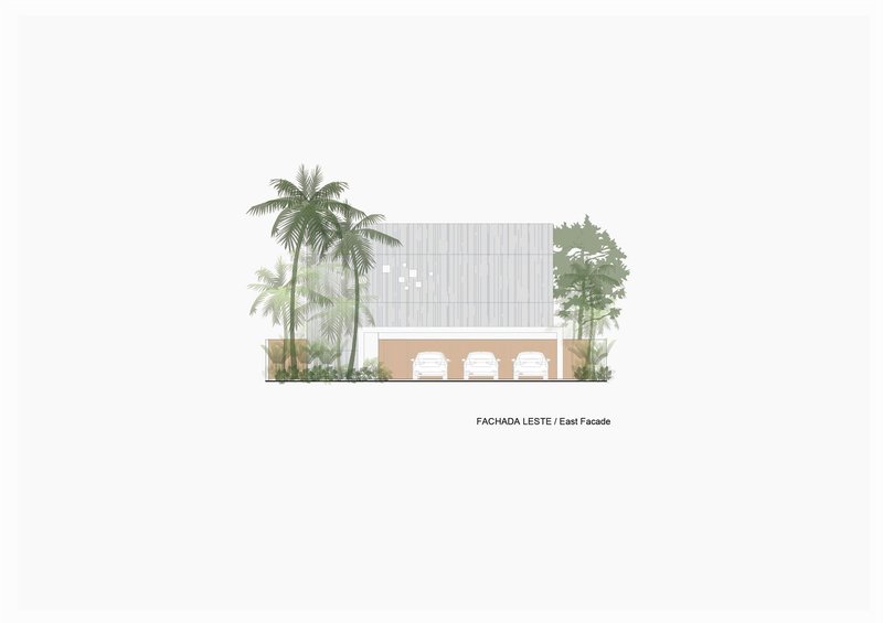 East facade elevation drawing showing two-story vertical timber cladding with ground floor openings and surrounding vegetation