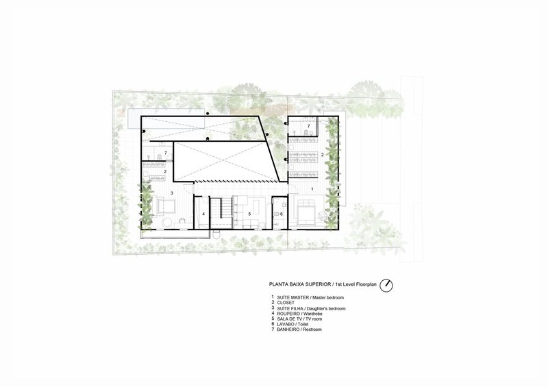 First level floor plan drawing showing bedroom suites and central staircase surrounded by perimeter planting
