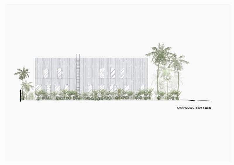 South facade elevation drawing showing a vertically slatted exterior with palm trees and landscape planting