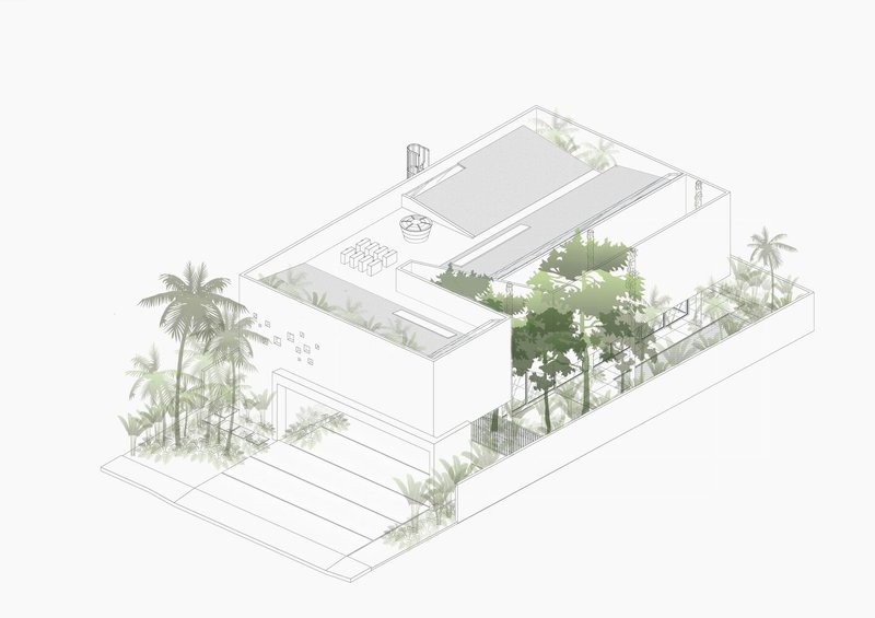 Axonometric drawing showing a two-story residence with courtyard plantings and surrounding palm trees