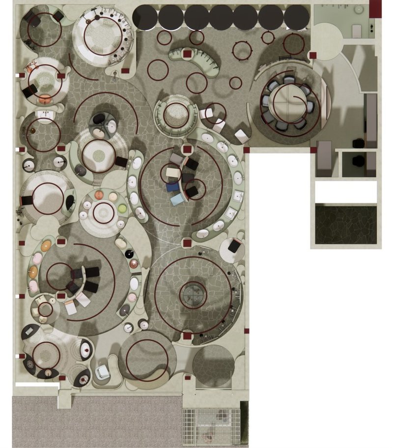 Rendered plan view showing circular zones with seating clusters and varied floor material finishes