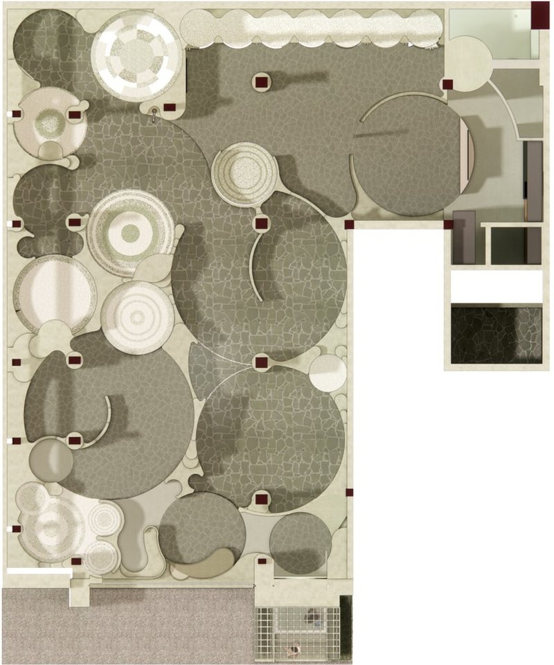 Rendered plan view showing interlocking circular zones with varied material textures and seating arrangements