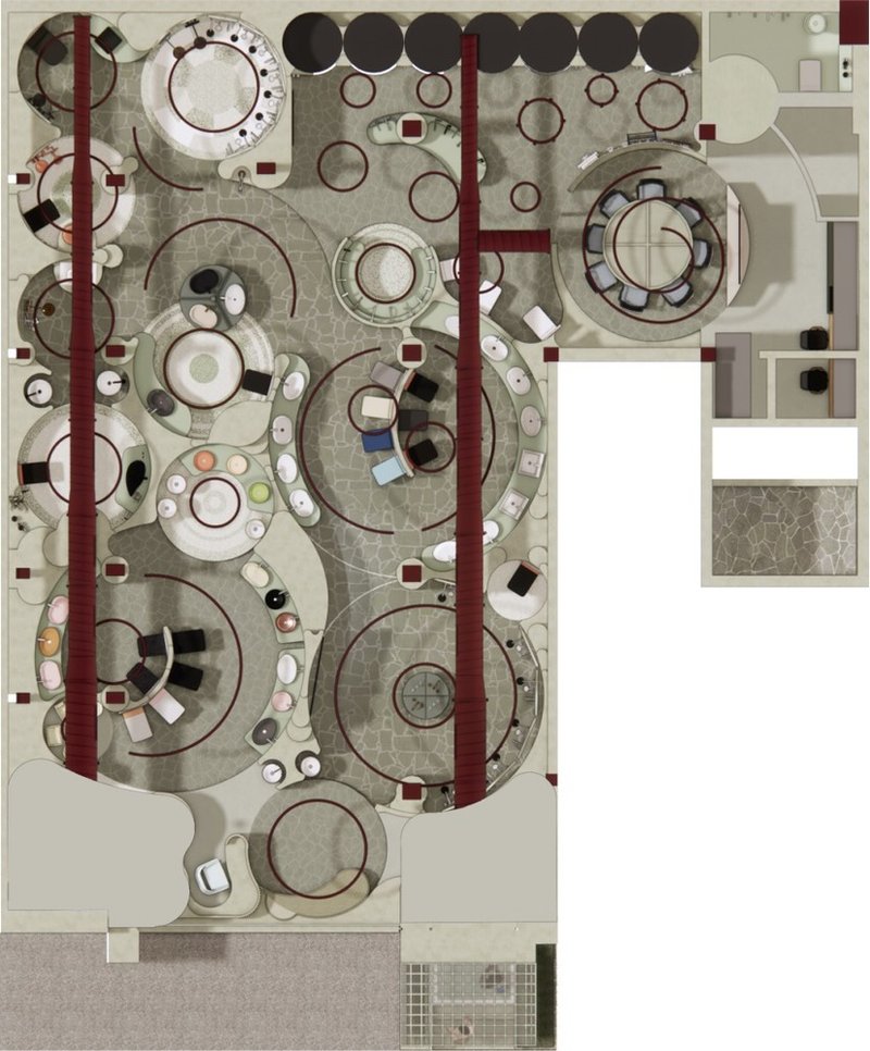 Rendered plan view with circular program areas and furniture indicated by miniature chairs and tables