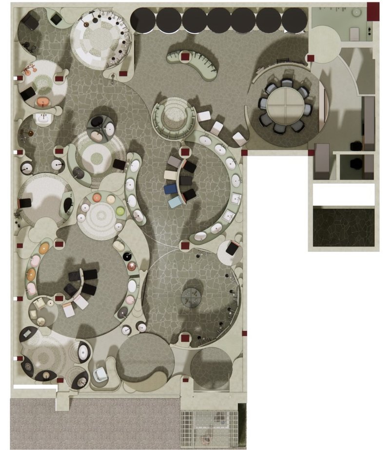 Rendered plan view depicting circular program spaces with furniture layouts and textured floor materials