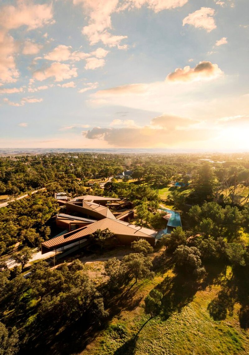 Aerial view of the clustered roof volumes nestled in a dense forest at sunset