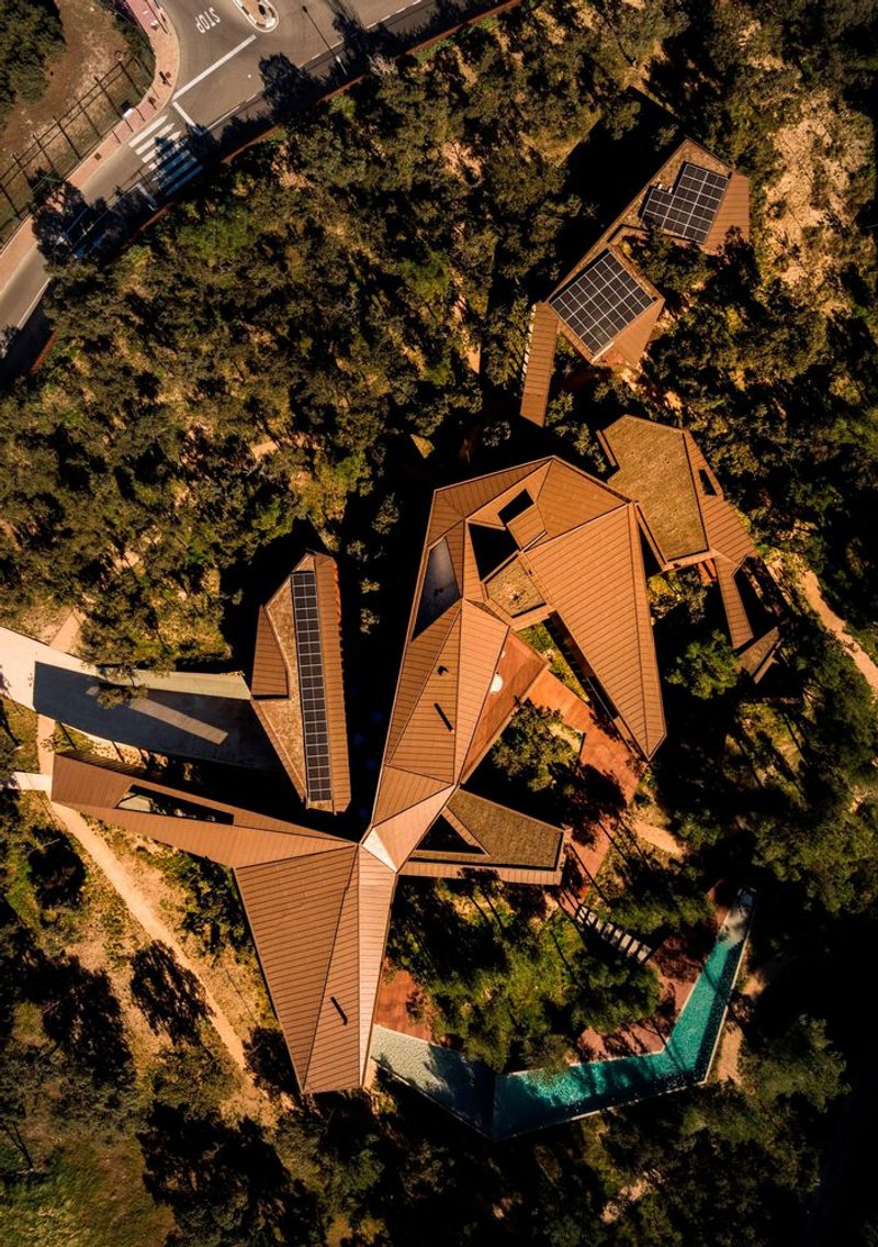 Aerial view of the pinwheel roof composition with timber cladding and solar panels among dense tree canopy