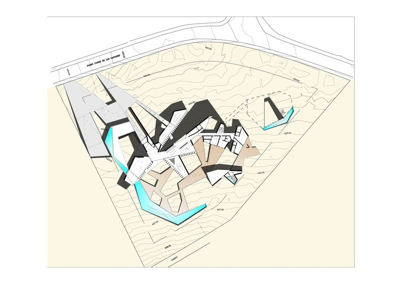 Axonometric site plan drawing showing angular building volumes around a central courtyard with topographic contours