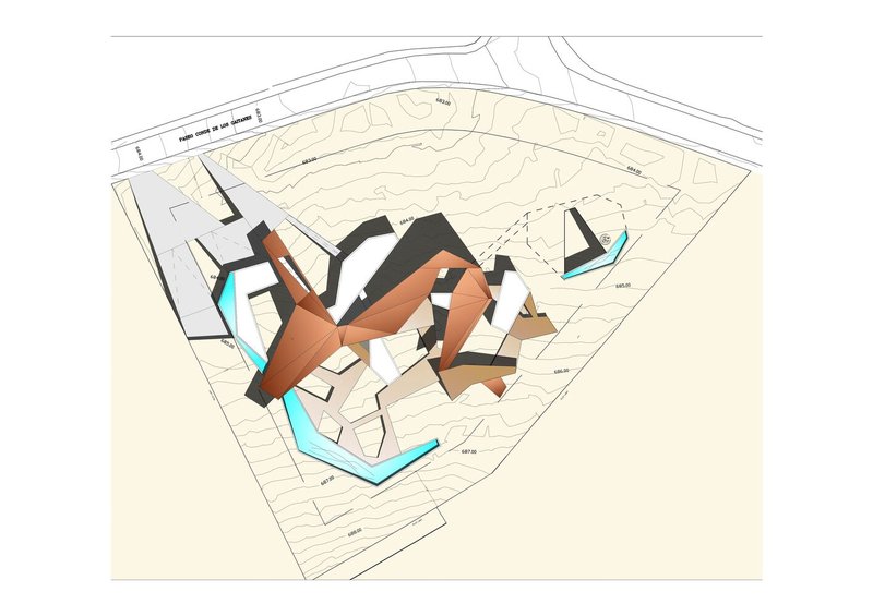 Axonometric drawing with additional copper-clad forms revealing the building composition on terraced topography