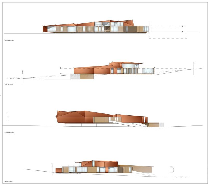 Four elevation drawings showing the low-slung copper-roofed building following the sloping terrain