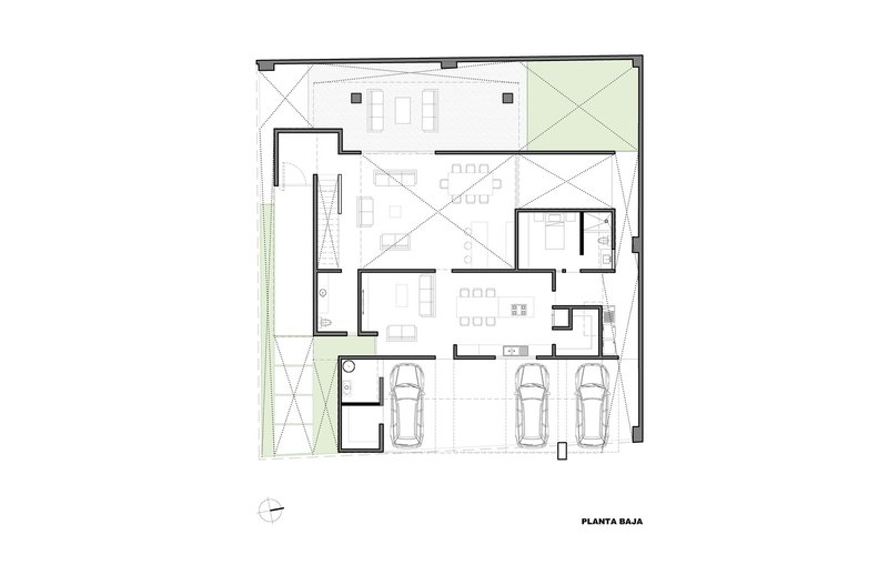 Ground floor plan drawing showing living spaces, a three-car garage, and a planted strip along one edge