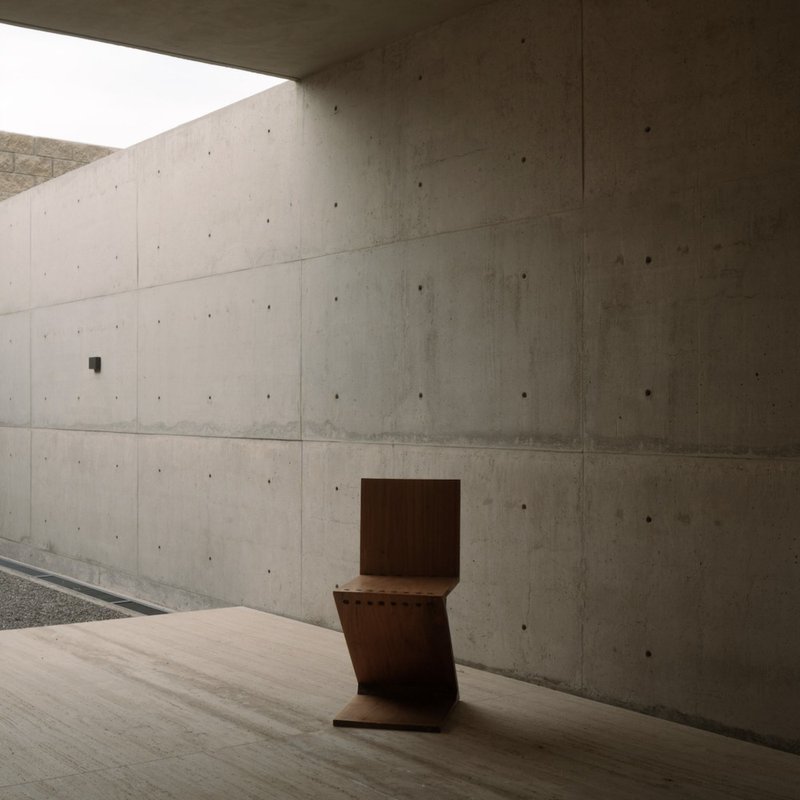 Sheltered walkway with board-formed concrete walls and a sculptural steel chair beside gravel courtyard
