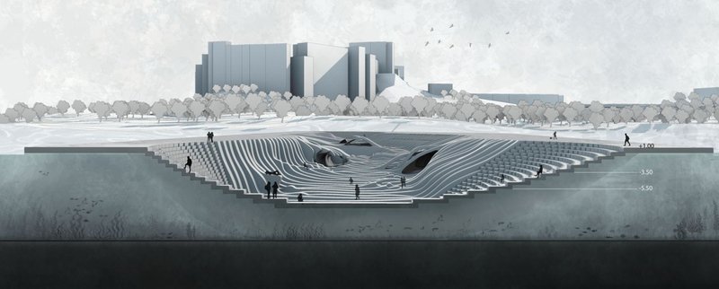 Layered Integration: A cross-sectional look at The Void's connection with water, blending natural and architectural elements seamlessly.