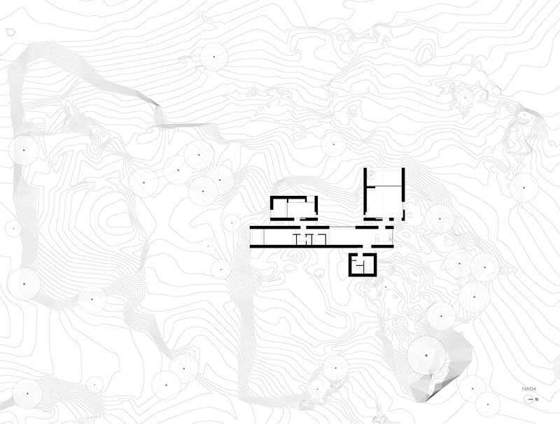 Site plan drawing showing clustered volumes on contoured topography with trees indicated