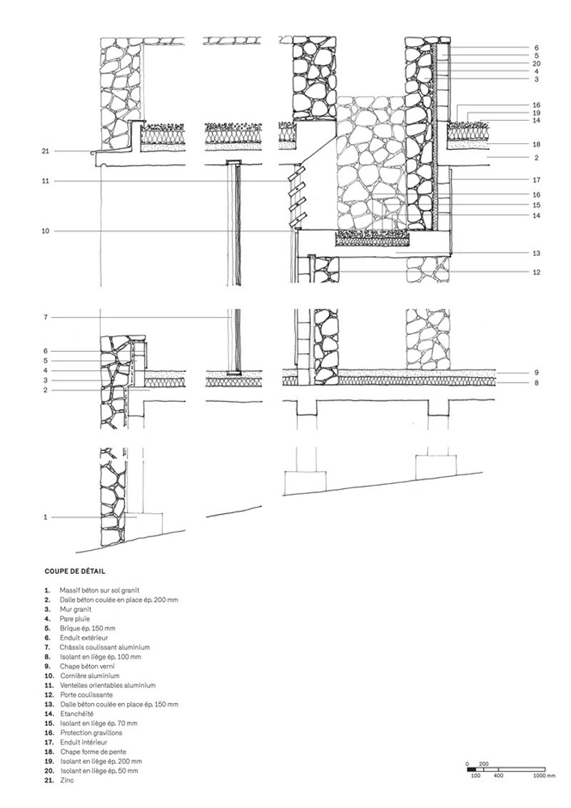 Detail section drawings showing stone wall assembly, timber framing, insulation layers, and foundation connections with numbered annotations