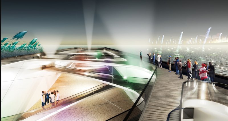 Nighttime View of Inside-Out: An illuminated architectural masterpiece bridging land and sea with transformative public spaces.