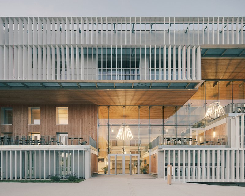 Entry facade with vertical white louvers above a timber-lined canopy and glazed lobby at dusk