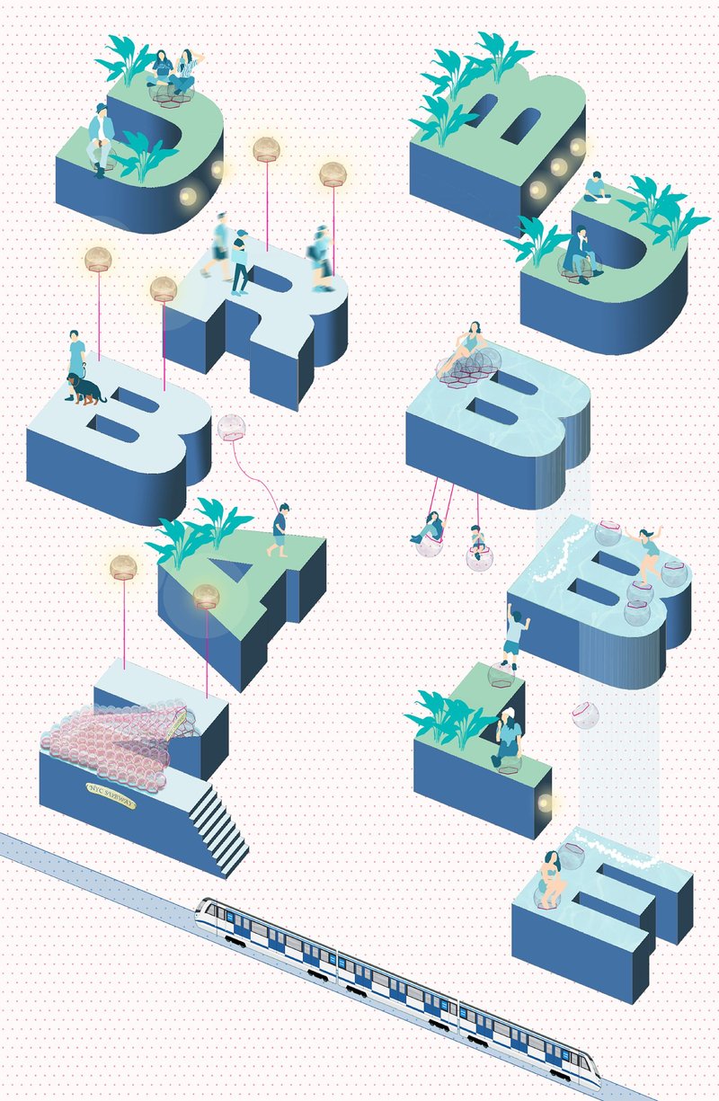 Creative bubble structures spelling out “BRB” act as playful landmarks and functional urban spaces.