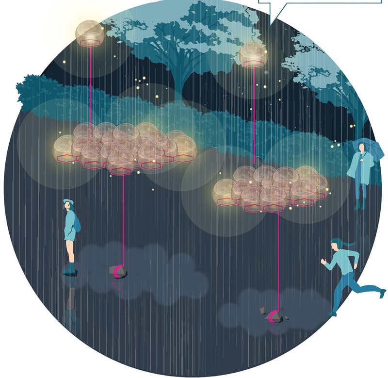 Illuminated bubbles provide rain cover and ambient lighting in urban environments.