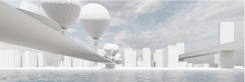 A visionary floating bridge supported by helium balloons, reimagining urban connectivity.