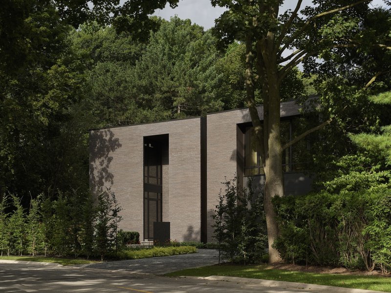 Side facade with tall vertical window bays between existing trees and low plantings