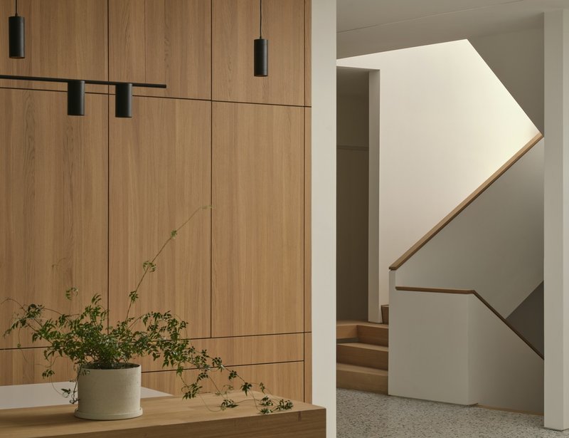 View of the angled stairwell through a white portal with timber wall panels and potted plant
