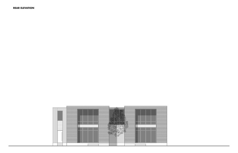 Rear elevation drawing showing two-story facade with gridded windows and central vegetation element