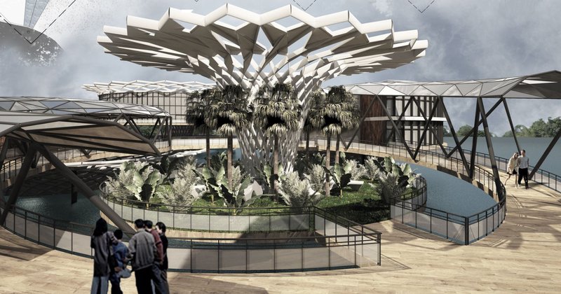 Central Courtyard: A lush green space at the heart of the Hovering Building, promoting sustainability.