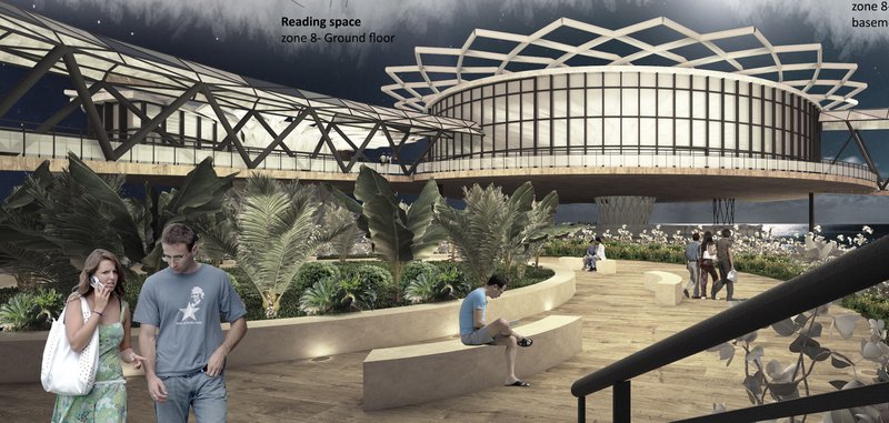 Tranquil outdoor reading area illuminated under the stunning architecture.