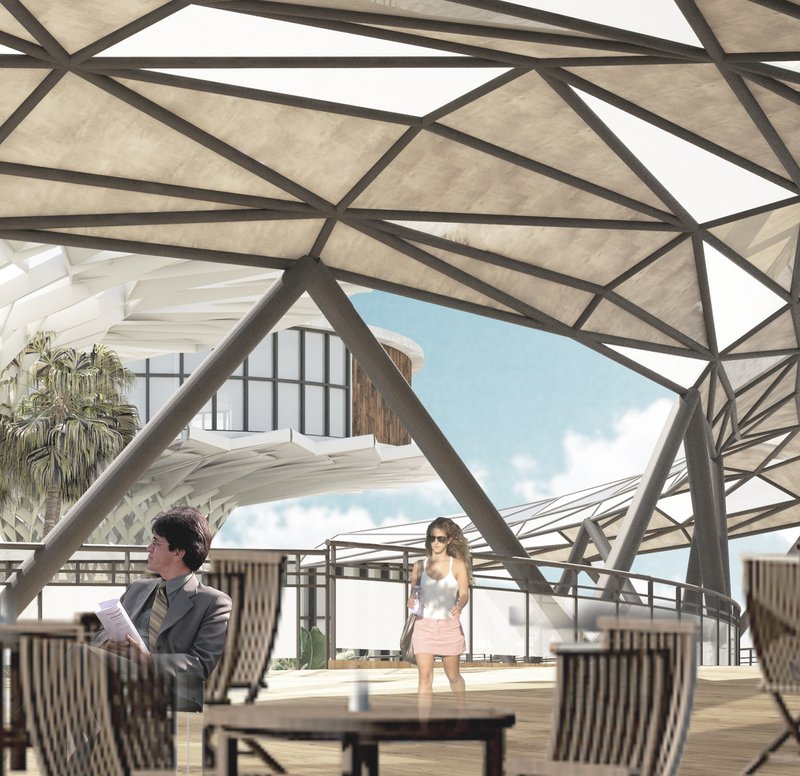 An intricate canopy providing shaded leisure spaces with architectural finesse.