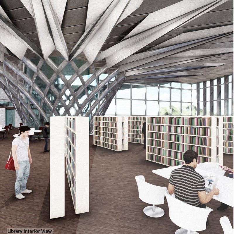 A dynamic fusion of design and functionality in the Hovering Building's library space.