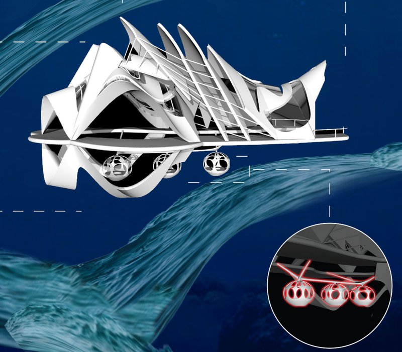 &nbsp;Biomimetic structure integrating lobster-inspired fins and underwater pods for coral reef research.