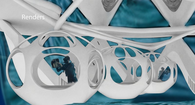 Renders showcasing the floating design's innovative clam-inspired facade and ocean integration.