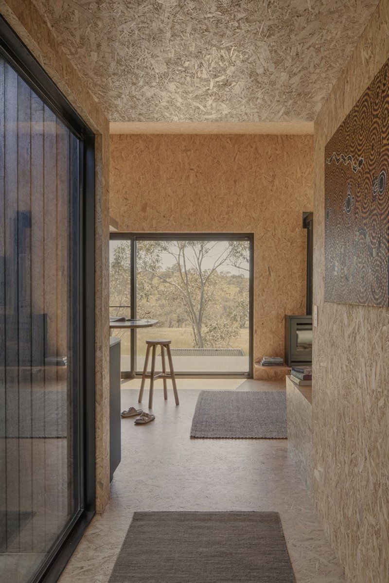 Hallway view through oriented strand board walls toward a picture window overlooking distant eucalyptus trees