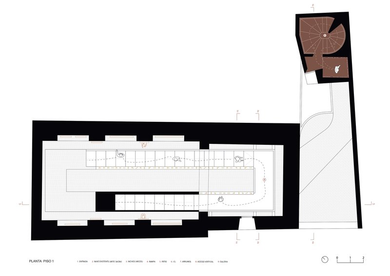 Floor plan showing the first level with a central linear volume and spiral stair in an angled tower