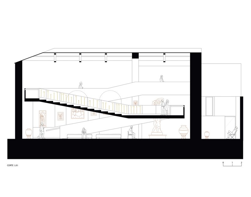 Section drawing revealing a diagonal stair spanning two floors with figures and ceiling trusses above