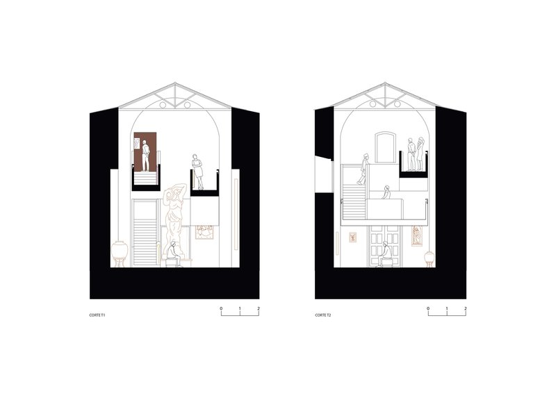 Two transverse section drawings showing vaulted interior spaces with inserted stair volumes and figures