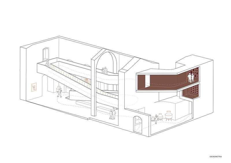 Axonometric cutaway drawing revealing multi-level interior spaces with ramps, arched openings and occupants