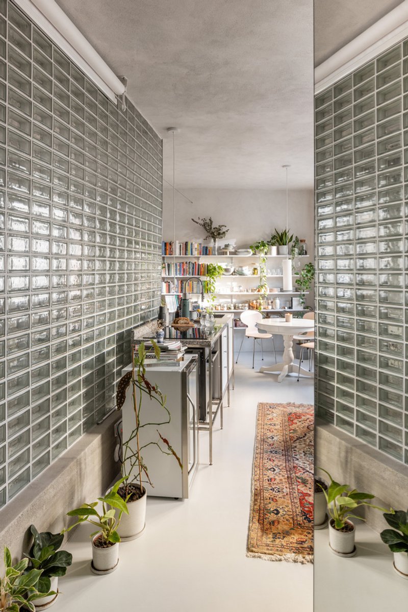 Corridor with glass block walls on both sides and potted plants along the concrete base