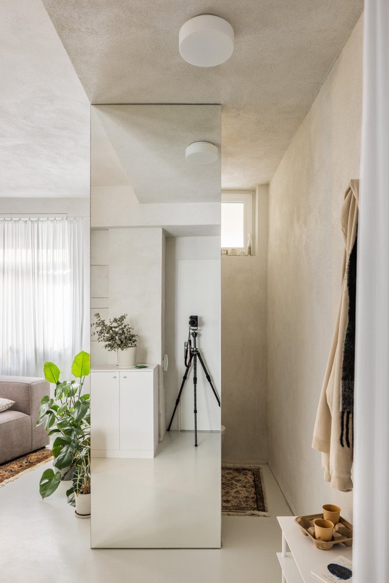 Narrow hallway with flush mirror panel reflecting the adjacent living areas and ceiling fixture